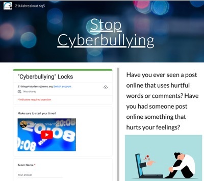 Blue title Stop Cyberbullying with text and image of bullied student with laptop