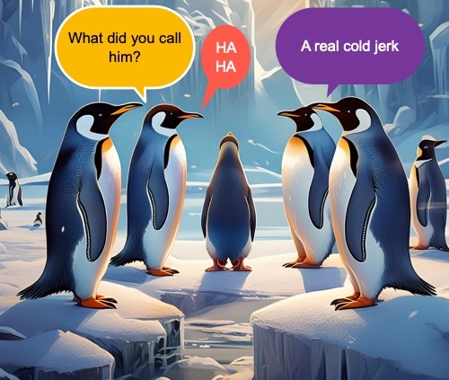 Penguin group making fun of one standing alone with his back to them.