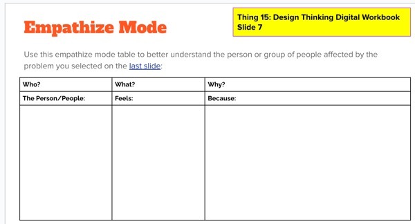 Screenshot of the Empathize mode table in the Design Thinking Workbook (slide 7)