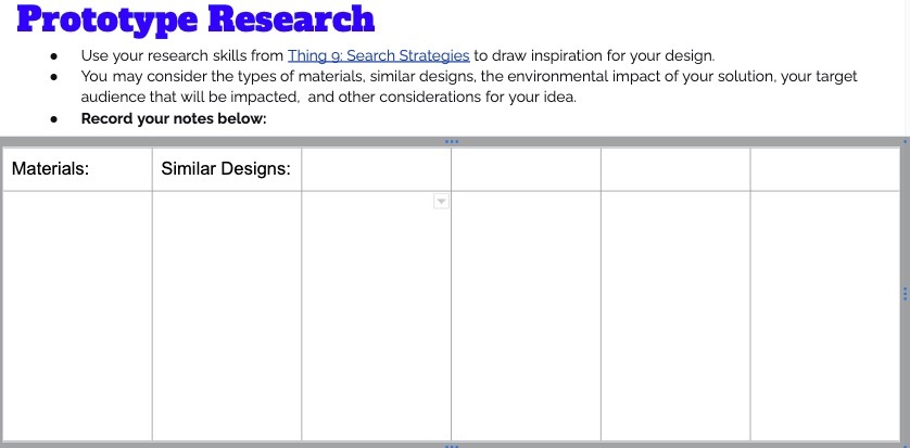 Screenshot of the Prototype Research slide where research for materials and designs is to be documented.