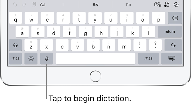 Shows the location of the dictation tool, which is to the left of the space bar on the onscreen keyboard