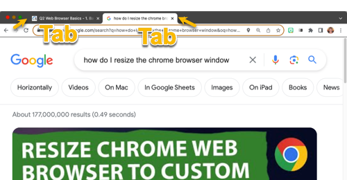 Showing Two tabs on a browser window with arrows pointing to them