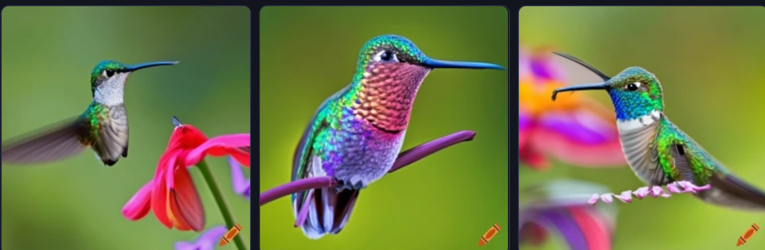 AI generated images (3) of a hummingbird by a flower with green background