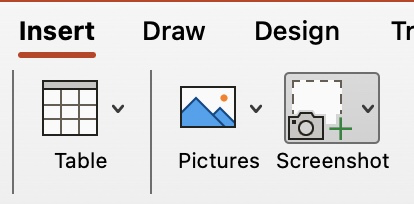 Image of the Microsoft 365 PowerPoint Desktop App menu showing the Insert Menu and the option to insert a screenshot. 2021