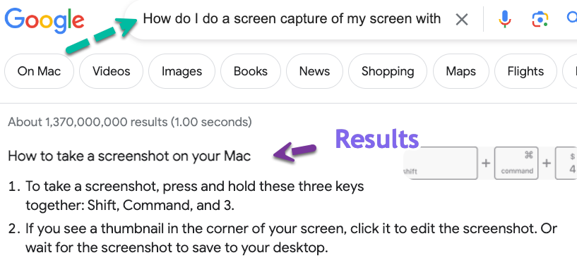 Google chrome browser search for "how do I do a screen capture with a mac