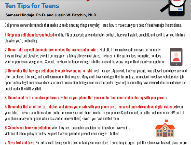 Screenshot of a Tips for Teens for Mobile cell phones.
