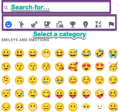 Screenshot of the drop-down menu for inserting an emoji in Google docs