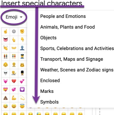 screenshot of using the insert menu with special characters and emojis