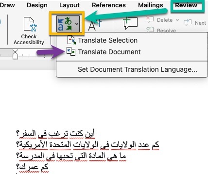 Screenshot of using the REVIEW MENU and TRANSLATE icon to have word translate the Document.