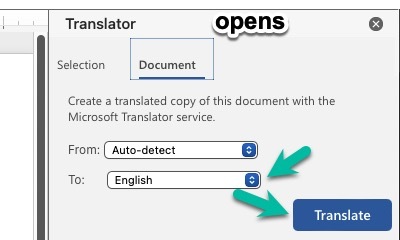 Screenshot of Microsoft Word Translator window showing where to select the language desired for the translation.