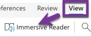 Screenshot of the View menu and Immersive Reader icon on the tool bar in Word online document