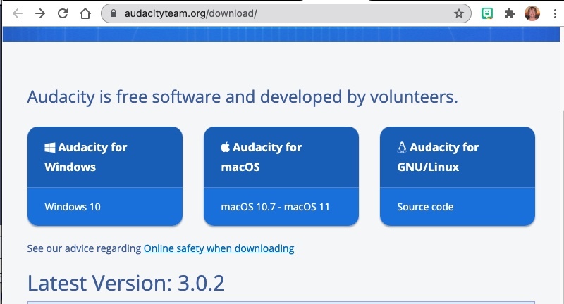 Screenshot of the Audacityteam.org download page for version 3.02
