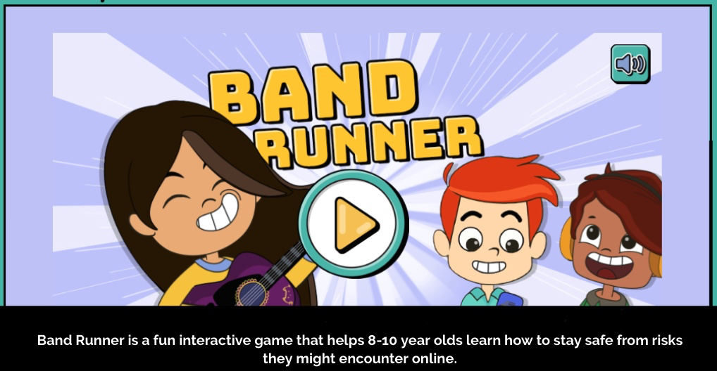 Screenshot of an Interactive Game called Band Runner for 8-10 year olds for Cyber safety steps.