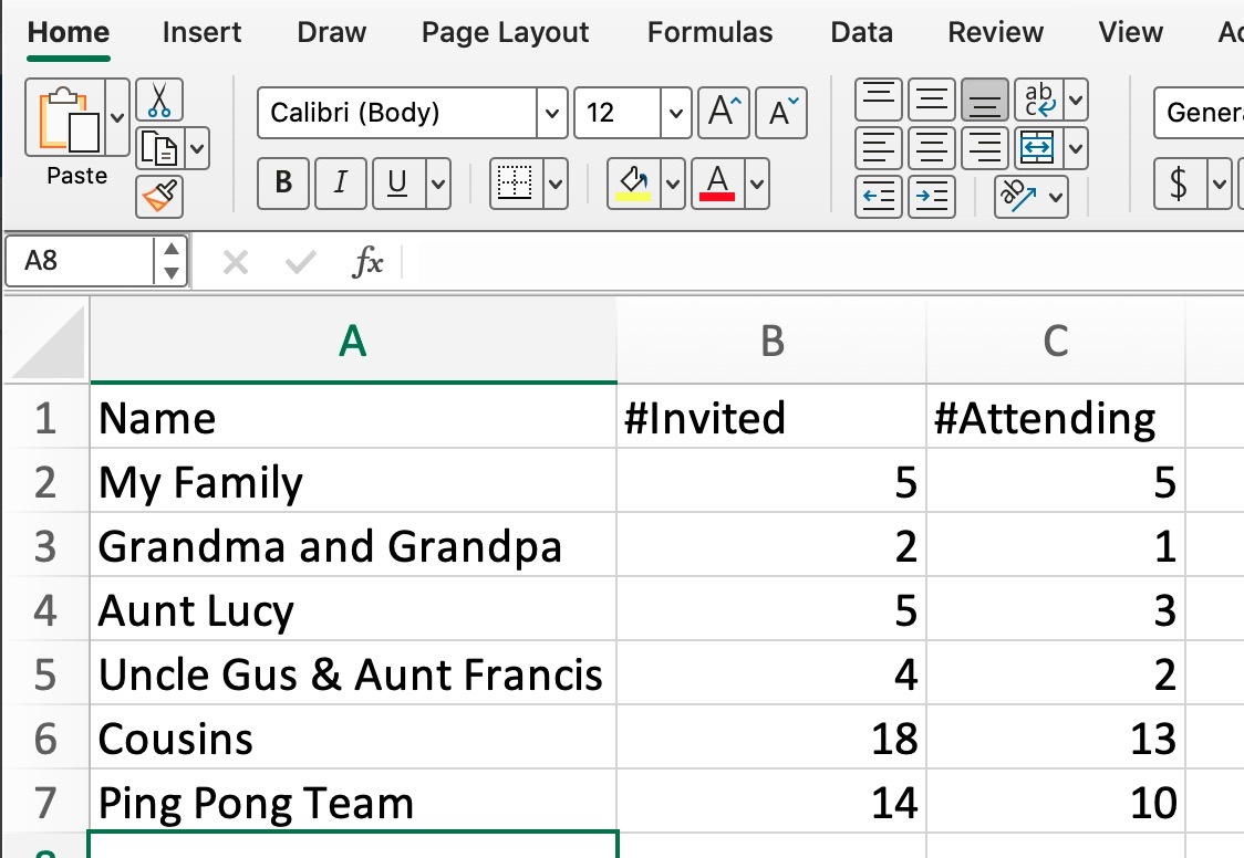 Example of Party Planner entry into Excel