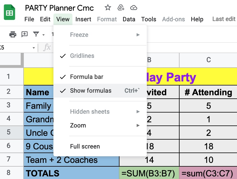 Screenshot of a Google spreadsheet showing the menu with View drop down that shows a check by Show Formula