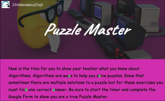Screenshot image for the PuzzleMaster Digital Breakout activity. This shows a neo computer work station.