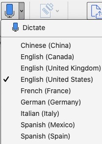 Shows the drop-down menu in Word app to dictate in another language: Chinese, German, Italian, French, Spanish options.