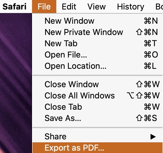 Screeenshot of Safari File>Export as PDF