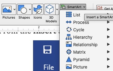 Screenshot of the SmartArt icon on the Insert menu, a large arrow that may have a small rectangular box.