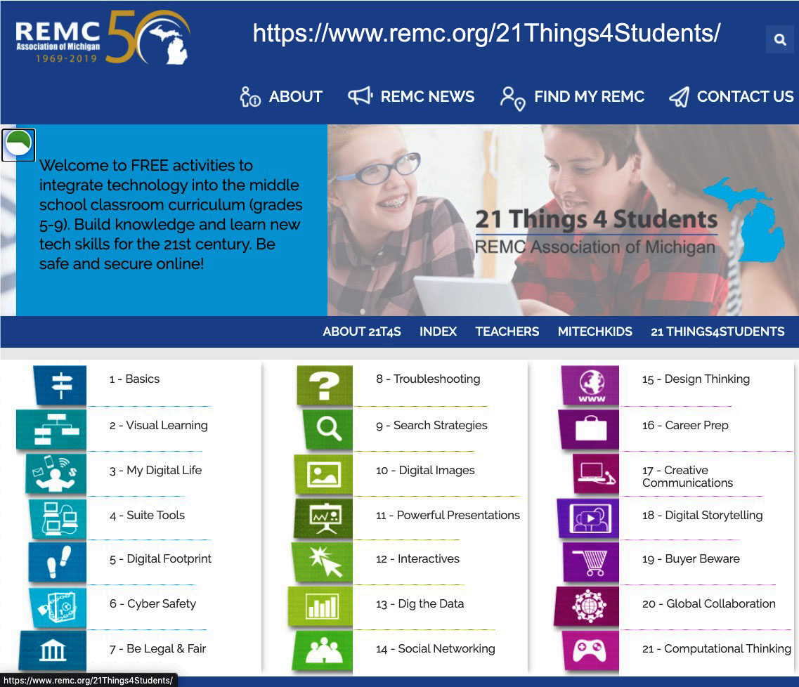 New screenshot of the 21things4students main page