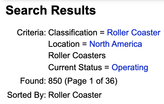 Screenshot of the Roller Coaster Database Search.