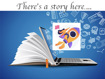 Laptop connected to a book with ideas flowing out and a teacher riding a rocketship from the screen with "There's something interesting" as a title - symbolizing telling a digital story