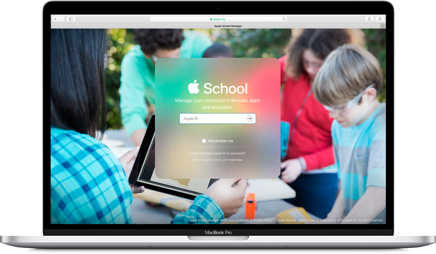 image of MacBook showing log in screen for Apple School Manager