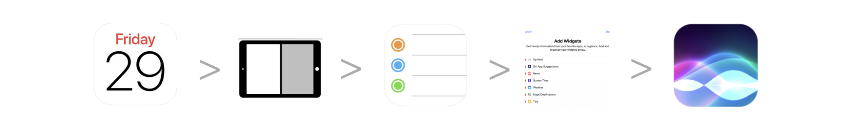 Flow of apps and tools. Calendar, split screen, reminders, widgets, Siri