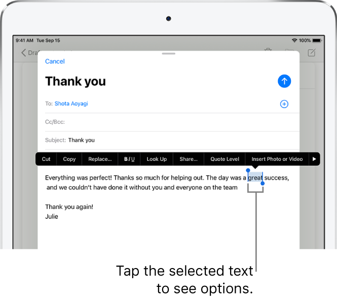 select text and view options for editing